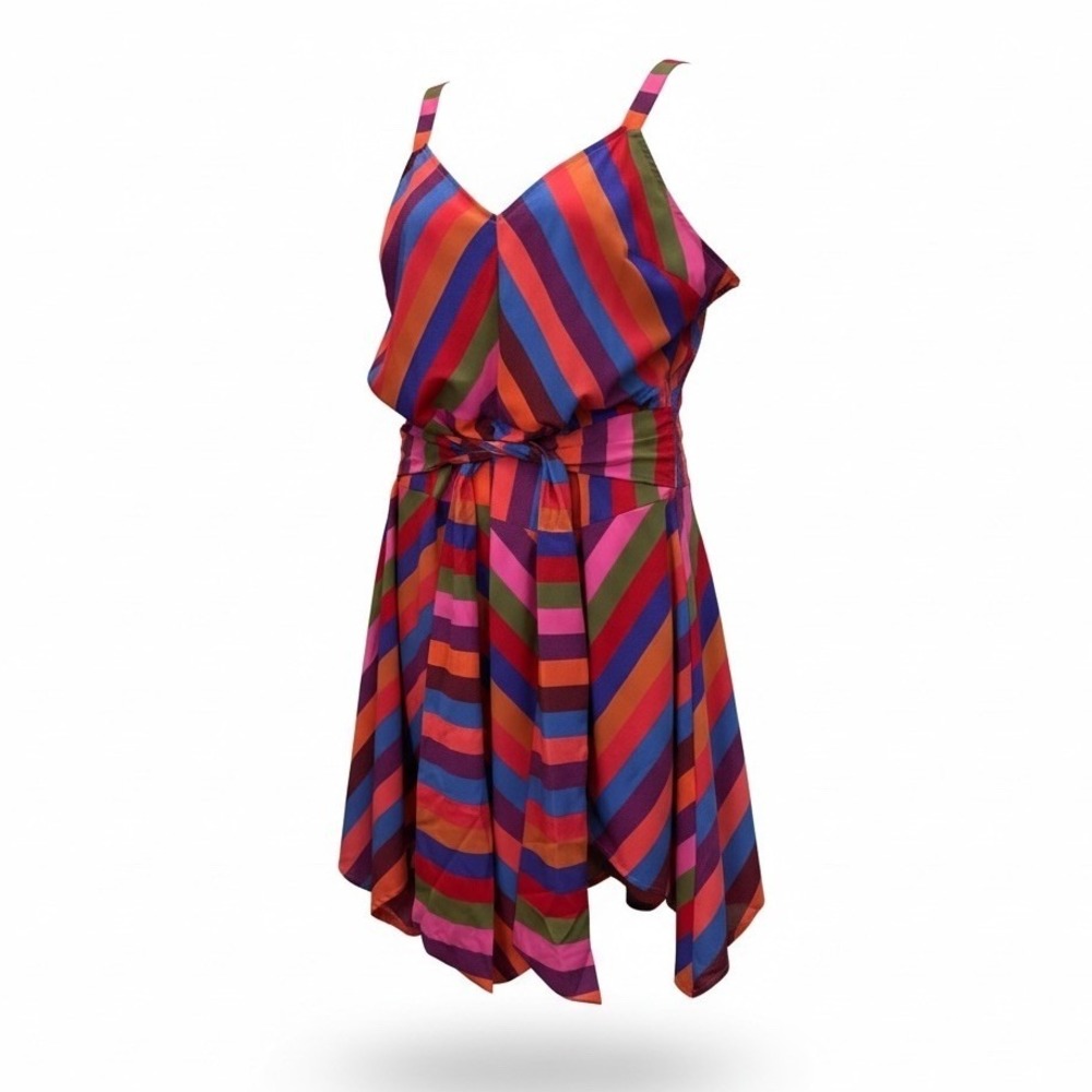 A New Day Dress Womens Large Multicolor Stripe Asym Hem Belted‎ Sundress